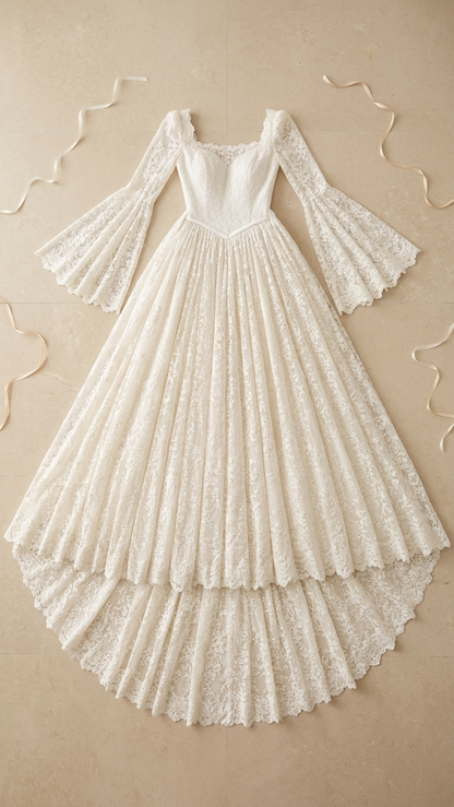 Rozaline | Romantic Long Sleeve Lace Wedding Dress with Basque Waist & Cathedral Train