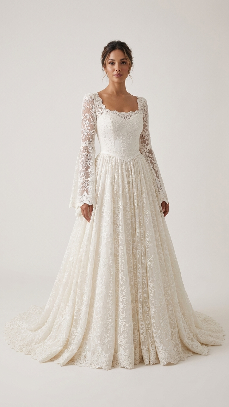 Rozaline | Romantic Long Sleeve Lace Wedding Dress with Basque Waist & Cathedral Train