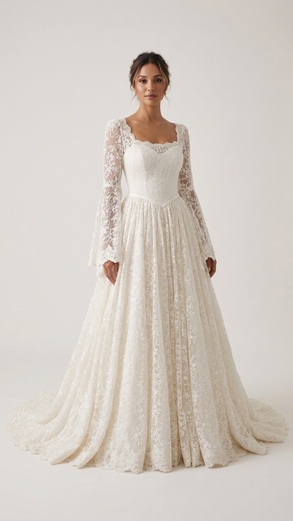 Rozaline | Romantic Long Sleeve Lace Wedding Dress with Basque Waist & Cathedral Train