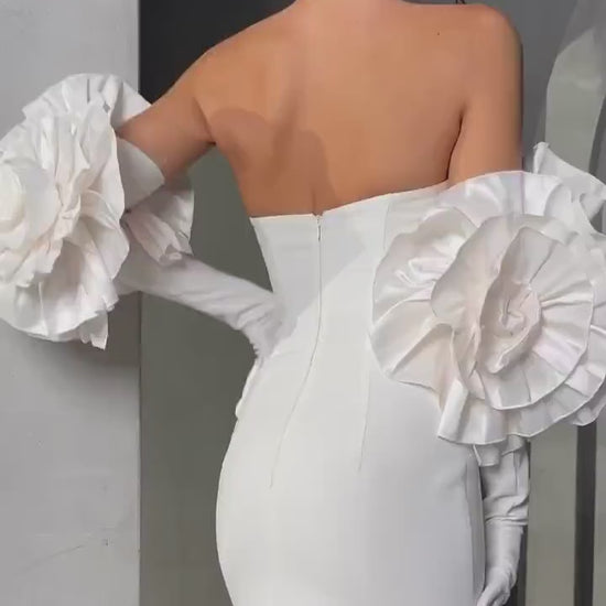 Minimalist Sleeveless Strapless Sheath Wedding Dress | Straight Neckline Bridal Gown | Unique Puff Gloves | Floor Length | Fitted & Backless