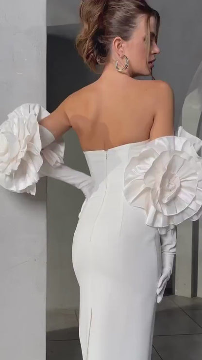 Minimalist Sleeveless Strapless Sheath Wedding Dress | Straight Neckline Bridal Gown | Unique Puff Gloves | Floor Length | Fitted & Backless