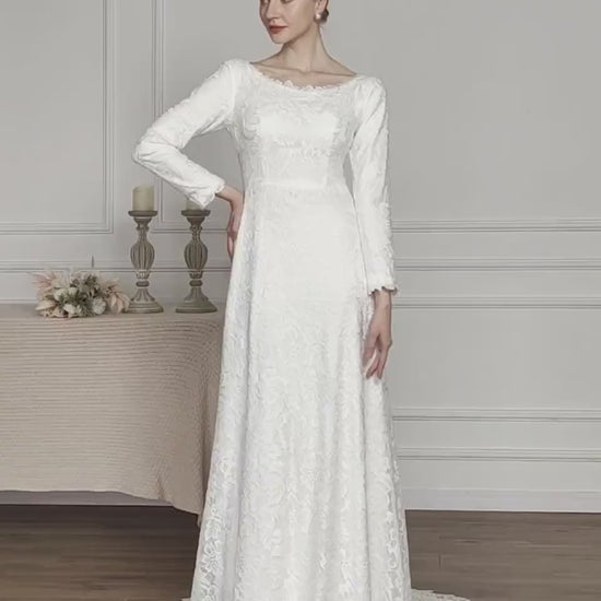 Modest Minimalist High Neckline Covered Back Boho All over Lace Long Sleeve Wedding Dress Bridal Gown Simple Aline LDS Temple Dress