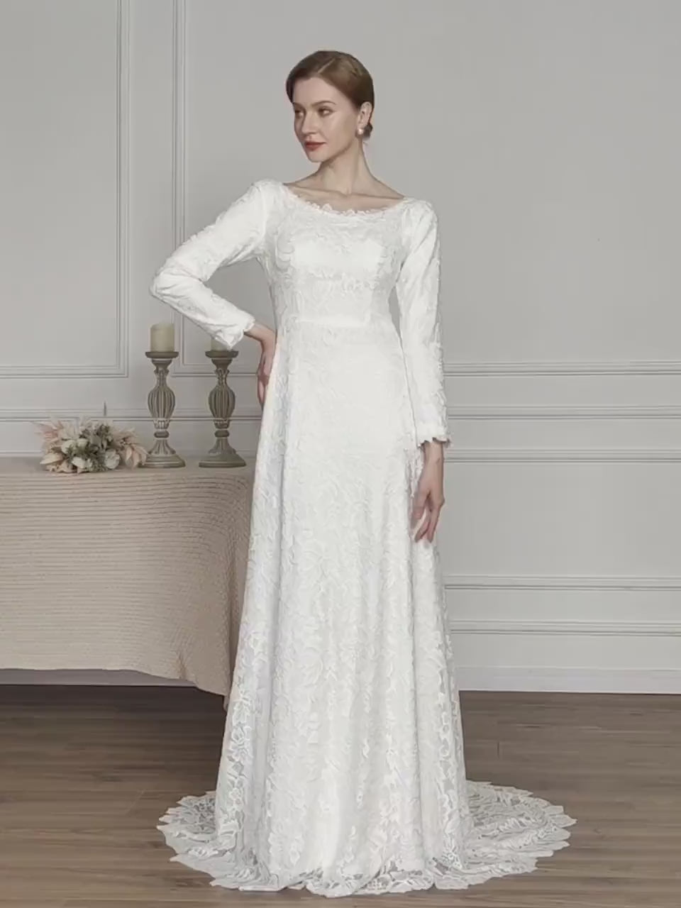 Modest Minimalist High Neckline Covered Back Boho All over Lace Long Sleeve Wedding Dress Bridal Gown Simple Aline LDS Temple Dress