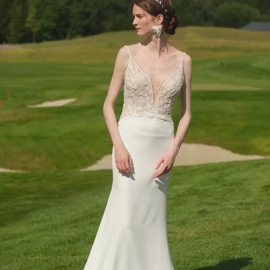 Classic Simple Sheath Style Sleeveless Open Back Wedding Dress Bridal Gown Minimalist with Train Aline Unique Design V Neckline Thin Straps