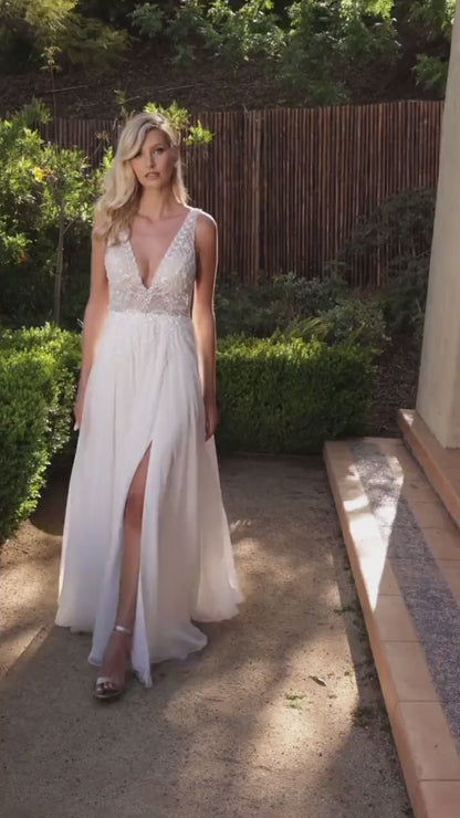 Denali Chiffon Semi-Sheer Bodice Aline Sleeveless V Neck Plunging Neckline Wedding Dress Bridal Gown Lace Bodice Thigh Side Slit Simple