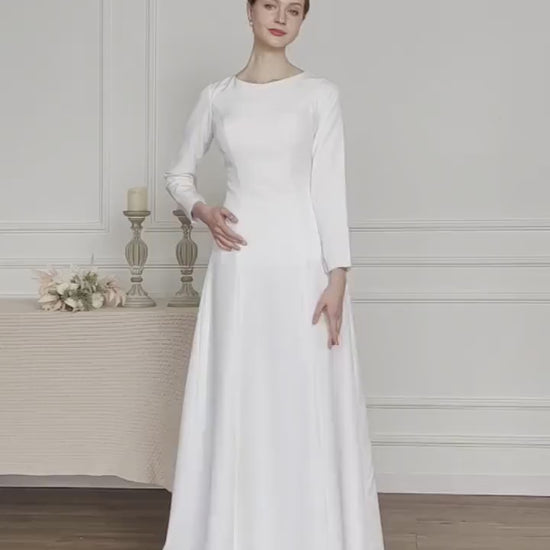 Modest Minimalist High Neckline Covered Back Crepe Plain Long Sleeve Wedding Dress Bridal Gown Simple Aline LDS Temple Dress