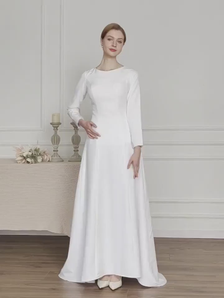 Modest Minimalist High Neckline Covered Back Crepe Plain Long Sleeve Wedding Dress Bridal Gown Simple Aline LDS Temple Dress