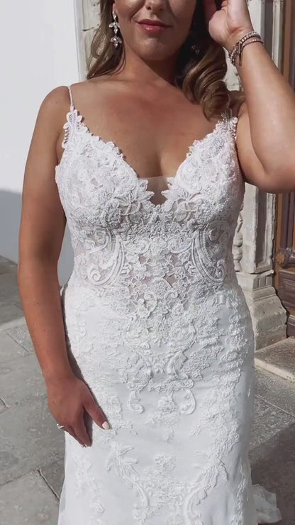 Luxurious Fit and Flare V Neckline Wedding Dress Bridal Gown Open Back Long Train Straps Floral Lace Corset Back Flattering Design