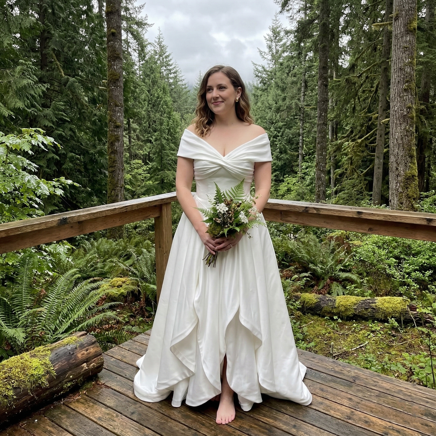 off shoulder satin wedding dress with basque waist and corset back