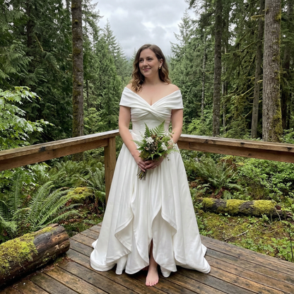 off shoulder satin wedding dress with basque waist and corset back
