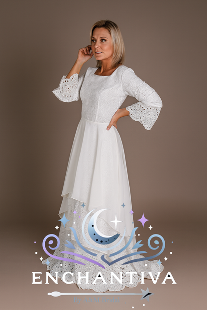 eyelet lace modest wedding dress layered skirt