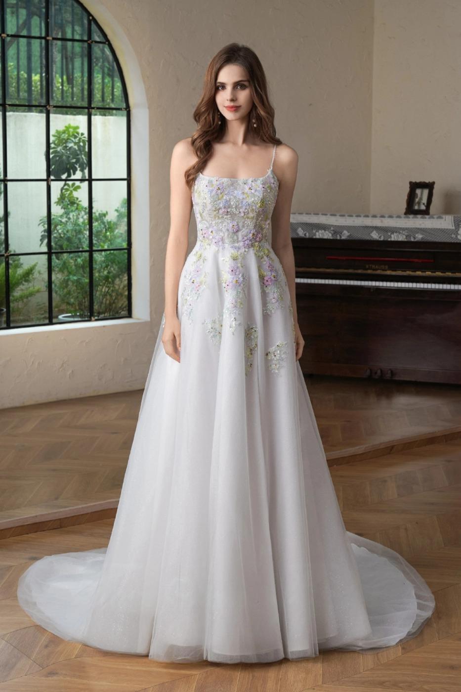 Addison spaghetti-strap floral beaded lace A-line wedding dress with tulle skirt and side slit, front view