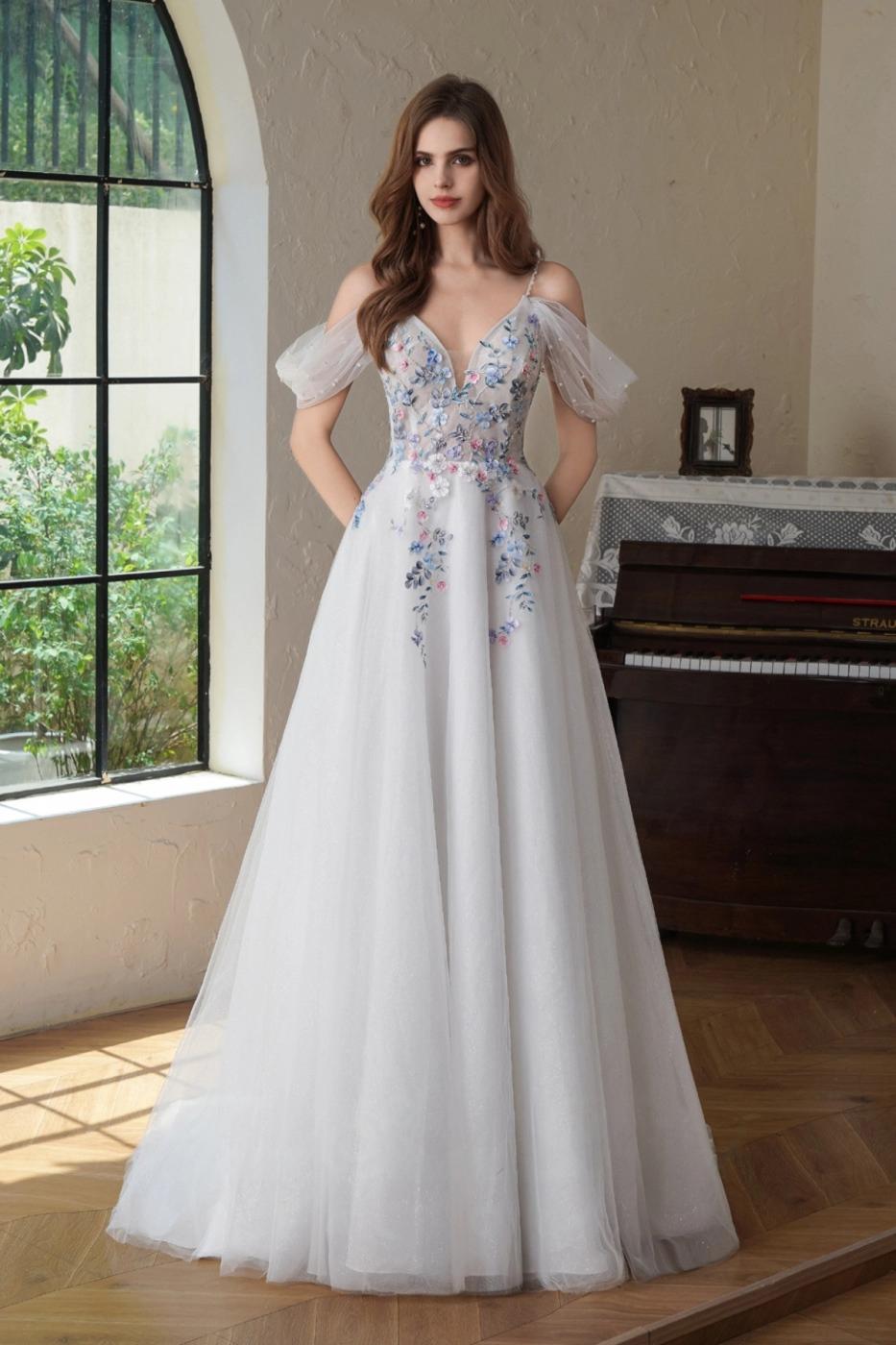 Off-shoulder A-line wedding dress “Katrina” with colorful floral beading and glitter tulle skirt.