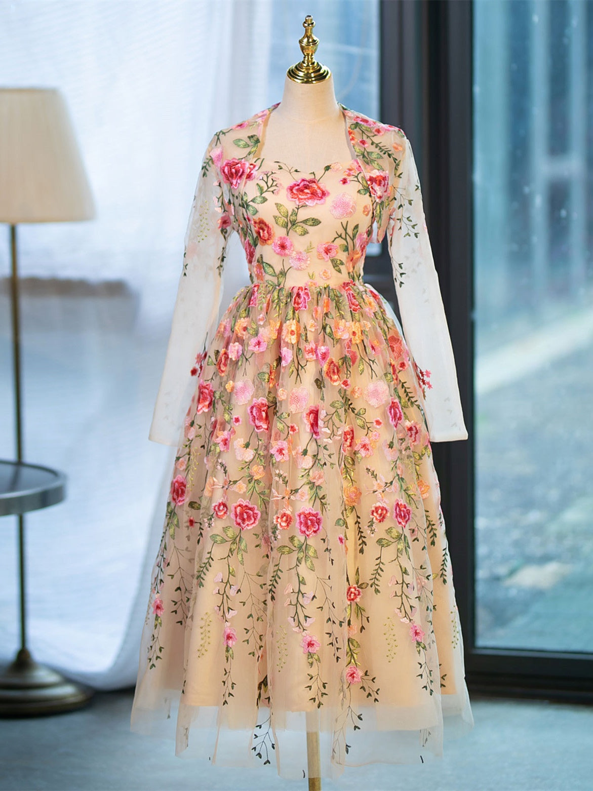 Tea-length ivory wedding dress with pink floral embroidery and sweetheart neckline — Adela Designs Shay