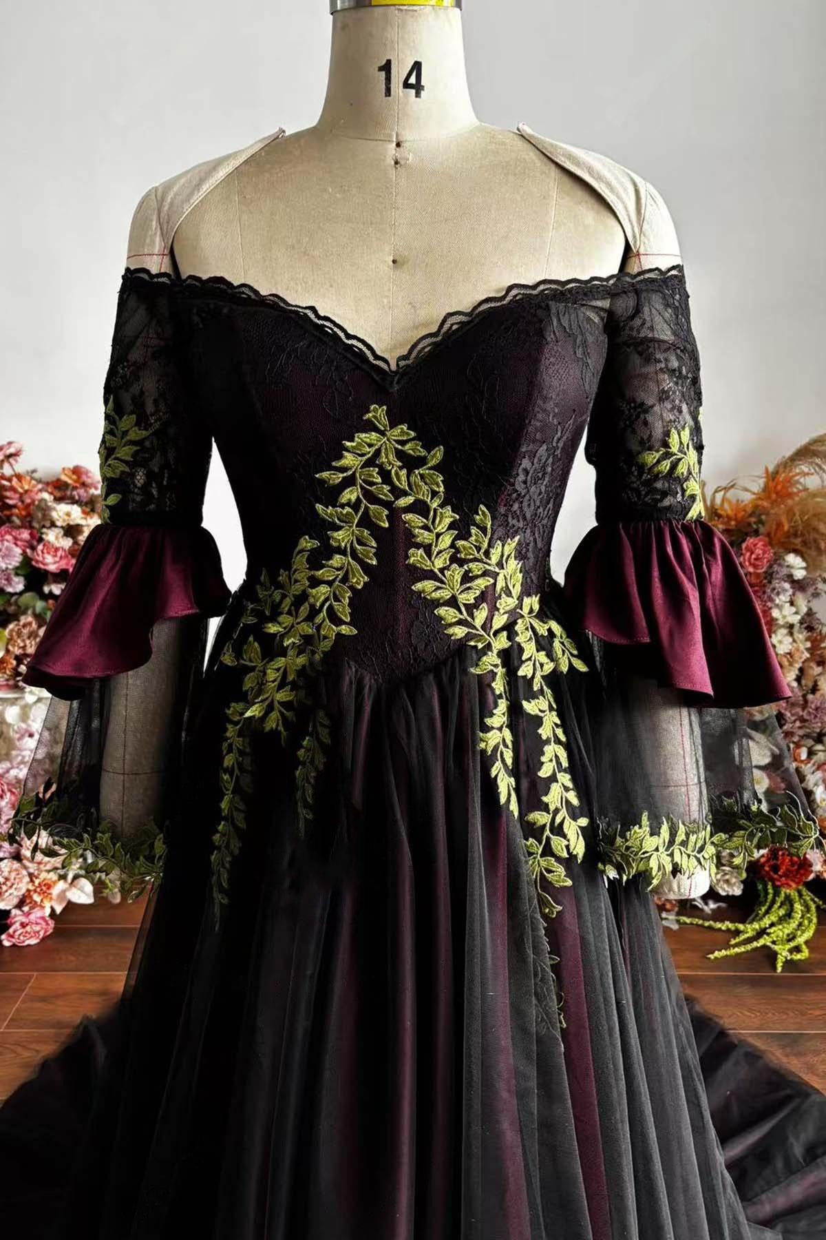 Mystic Ivy Black and Burgundy Renaissance Gown Gothic Fantasy Wedding Dress A & M Enterprises Bridal Mystic Ivy Black and Burgundy Renaissance Gown Gothic Fantasy Wedding Dress A & M Enterprises Bridal