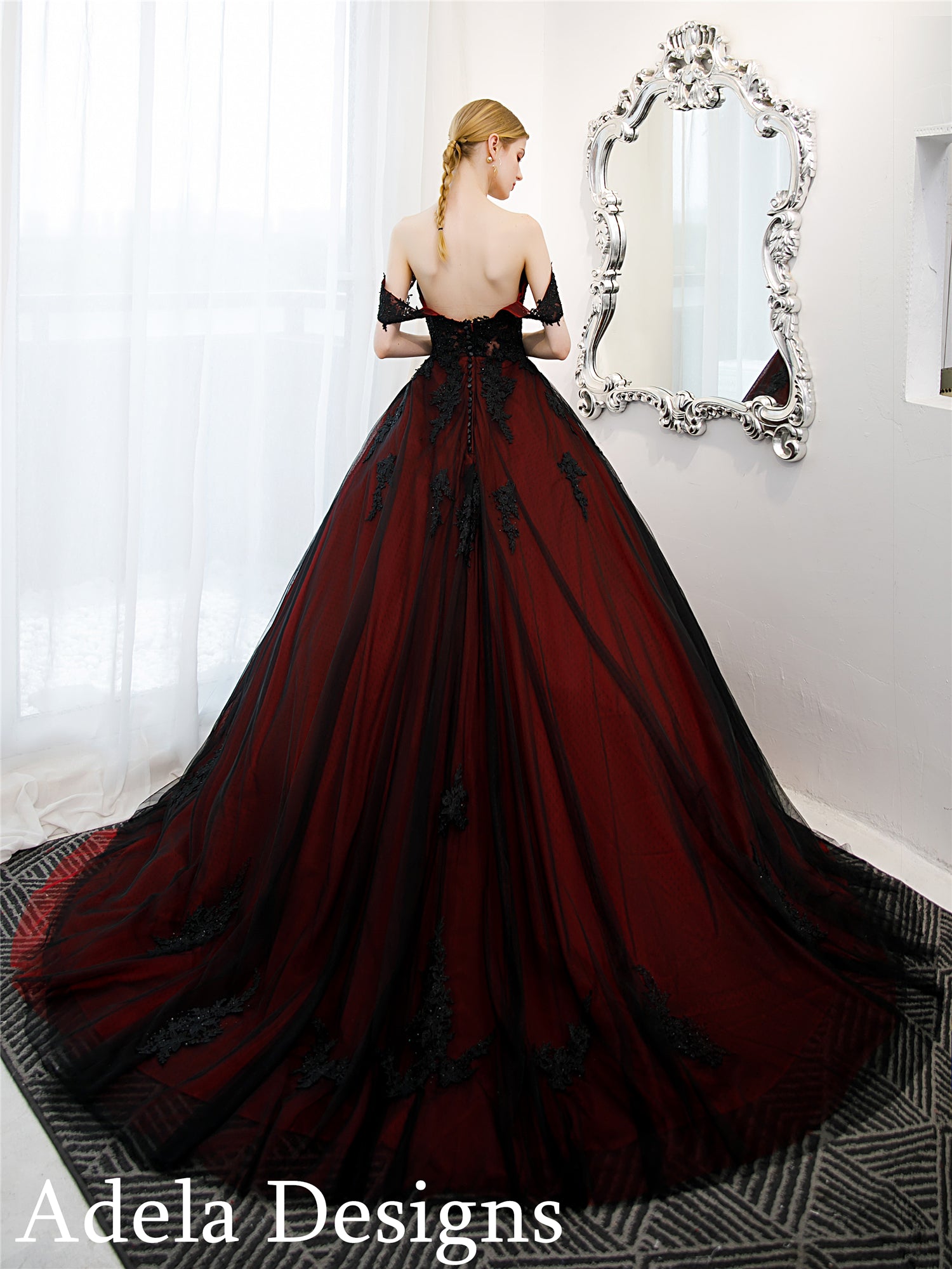 Lysandra Gothic Wedding Dress Black Lace Ball Gown in Green, Purple or Red | Adela Designs A & M Enterprises Bridal Lysandra Gothic Wedding Dress Black Lace Ball Gown in Green, Purple or Red | Adela Designs A & M Enterprises Bridal
