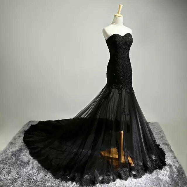 Black Lace Applique Wedding Dress Lace Up Bridal Gown Mermaid Trumpet Style