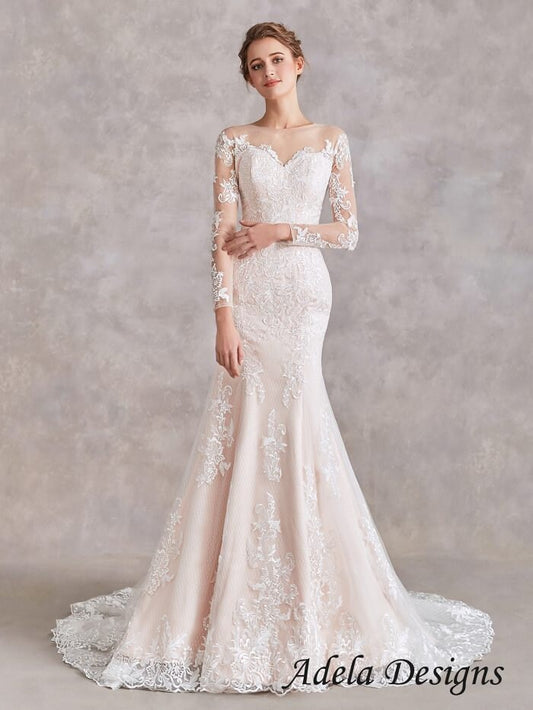 Mermaid Wedding Dress Trumpet Lace Bridal Gowns Long Sleeves Buttons