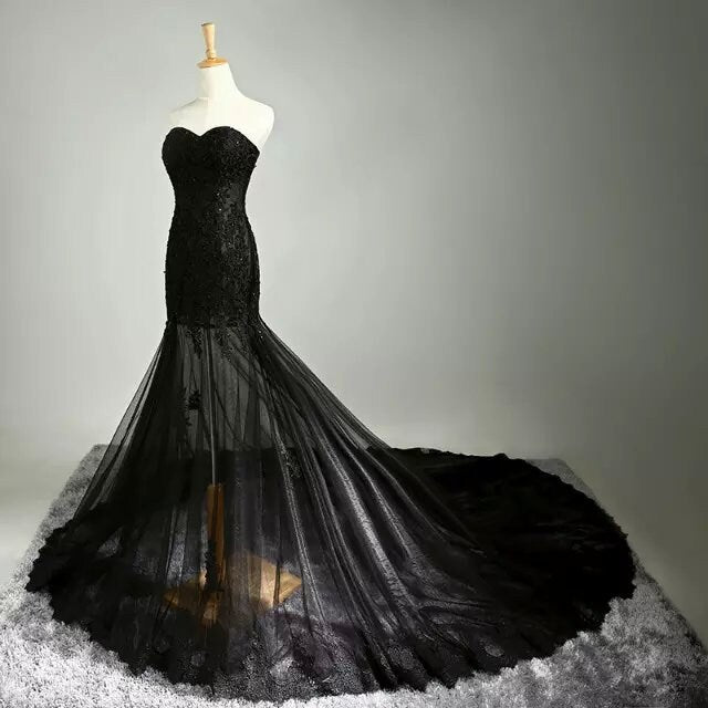 Black Lace Applique Wedding Dress Lace Up Bridal Gown Mermaid Trumpet Style