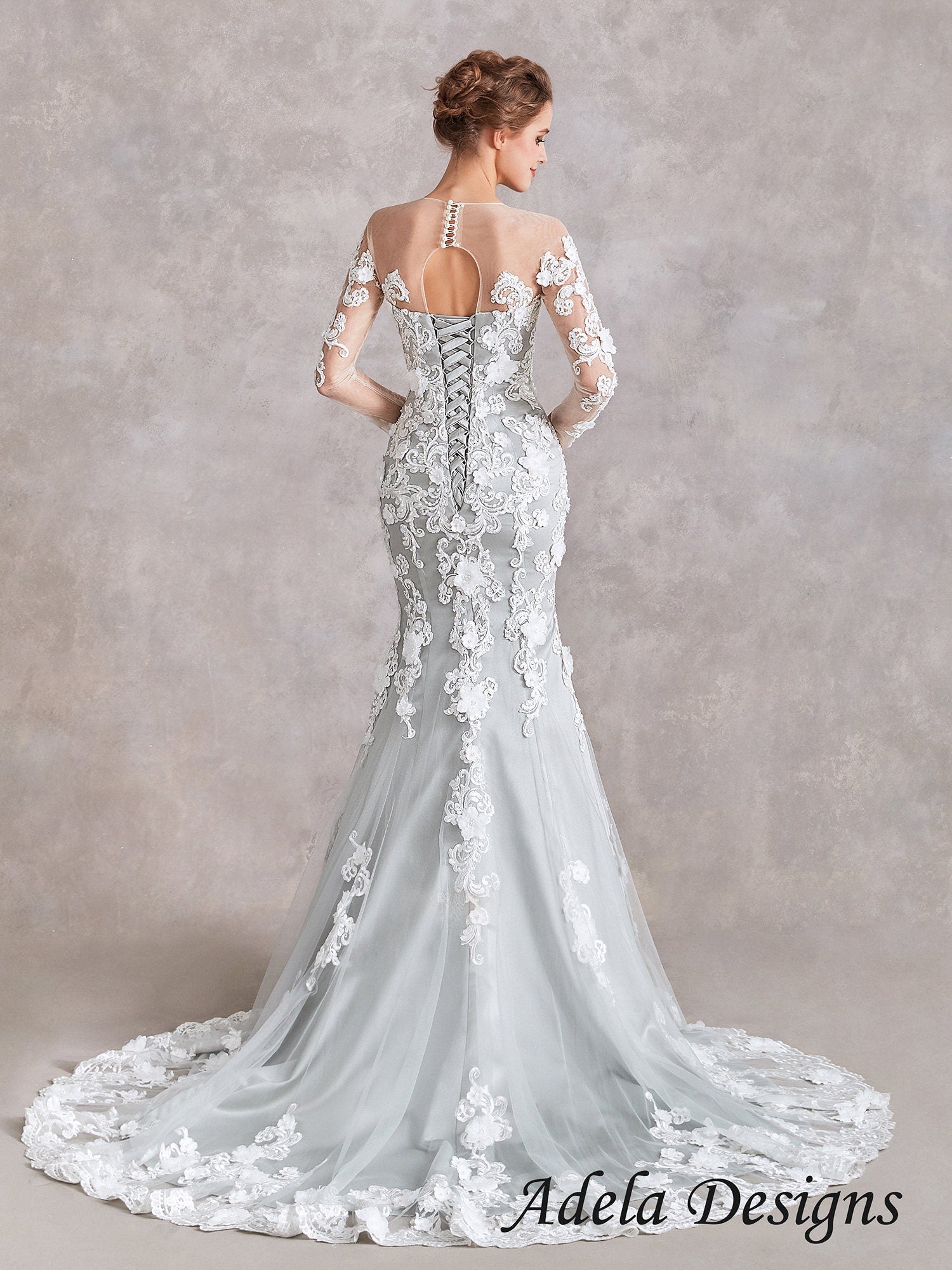 Quinn – Silver Mermaid Wedding Dress with 3D Floral Lace & Sheer Sleeves – A & M Enterprises Bridal Quinn – Silver Mermaid Wedding Dress with 3D Floral Lace & Sheer Sleeves – A & M Enterprises Bridal