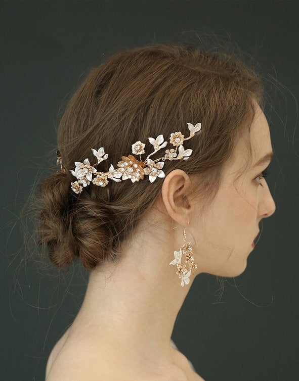 Bridal Headpiece and Earring Set Gold White Flowers Branches Wedding Hair Sparkle Clip
