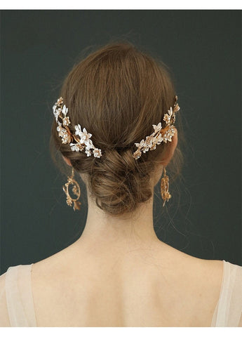 Bridal Headpiece and Earring Set Gold White Flowers Branches Wedding Hair Sparkle Clip