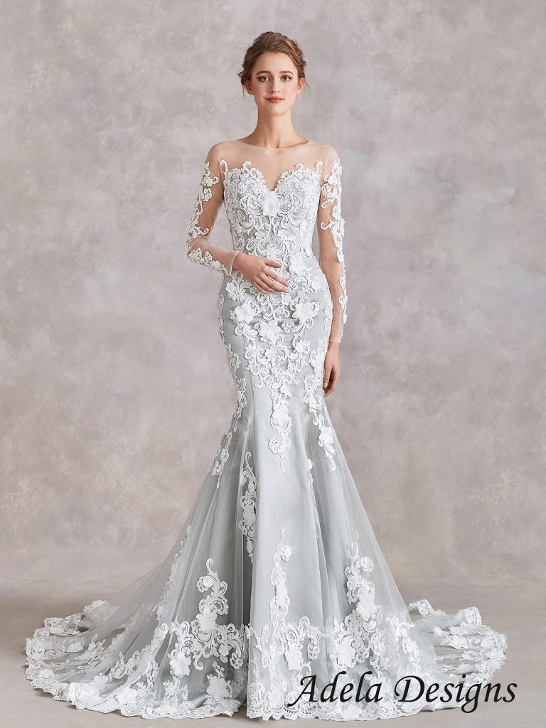 Quinn Silver Mermaid Wedding Dress with 3D Floral Lace & Sheer Sleeves A & M Enterprises Bridal Quinn Silver Mermaid Wedding Dress with 3D Floral Lace & Sheer Sleeves A & M Enterprises Bridal