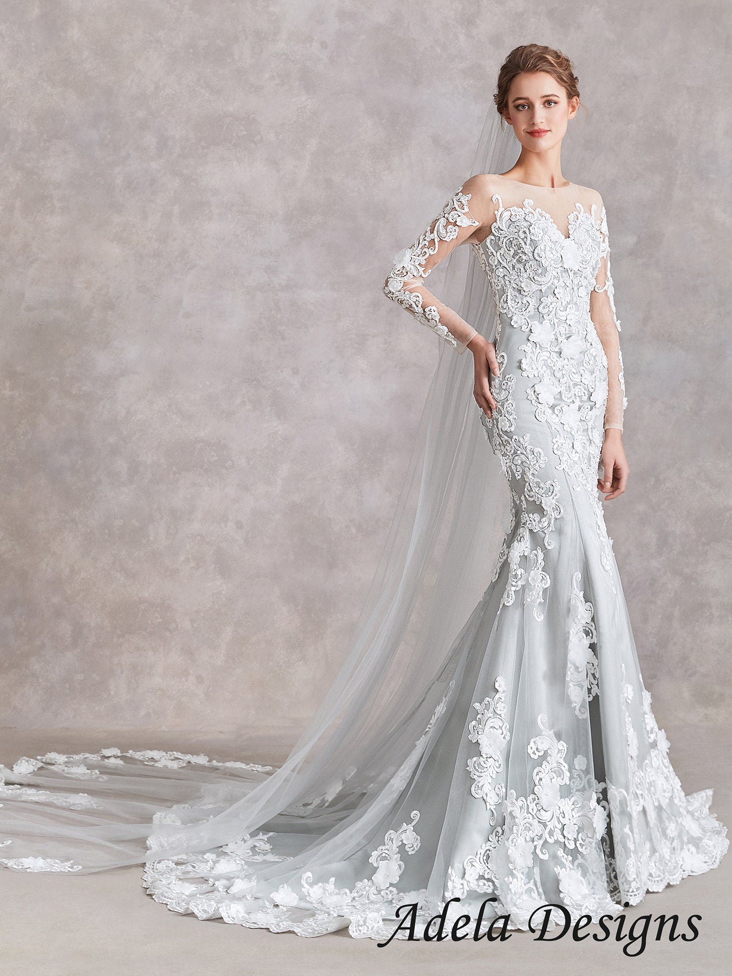 Quinn – Silver Mermaid Wedding Dress with 3D Floral Lace & Sheer Sleeves – A & M Enterprises Bridal Quinn – Silver Mermaid Wedding Dress with 3D Floral Lace & Sheer Sleeves – A & M Enterprises Bridal