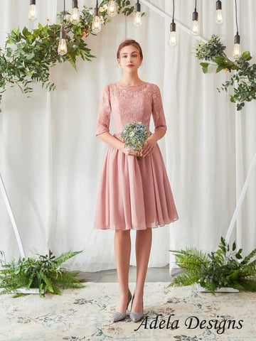 A-line Lace Chiffon Midi Wedding Dress Bridal Gown Short Knee Length Half Sleeve Modest