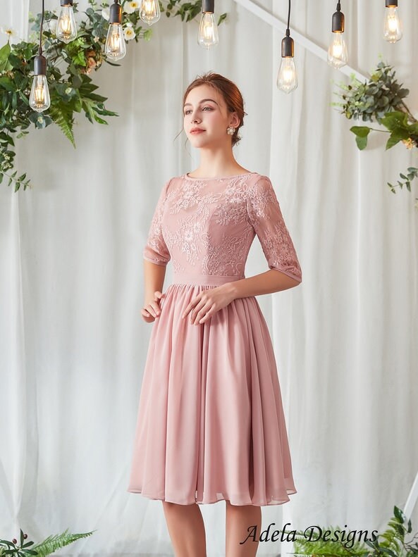 A-line Lace Chiffon Midi Wedding Dress Bridal Gown Short Knee Length Half Sleeve Modest
