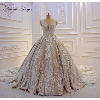 Beautiful Luxury Ball Gown Sleeveless Lace Appliqued Champagne Luxury Wedding Dress Bridal