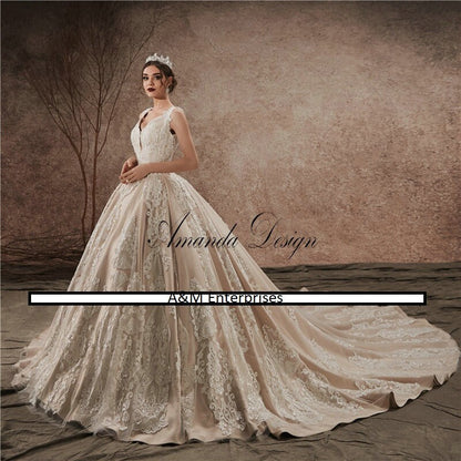 Beautiful Luxury Ball Gown Sleeveless Lace Appliqued Champagne Luxury Wedding Dress Bridal