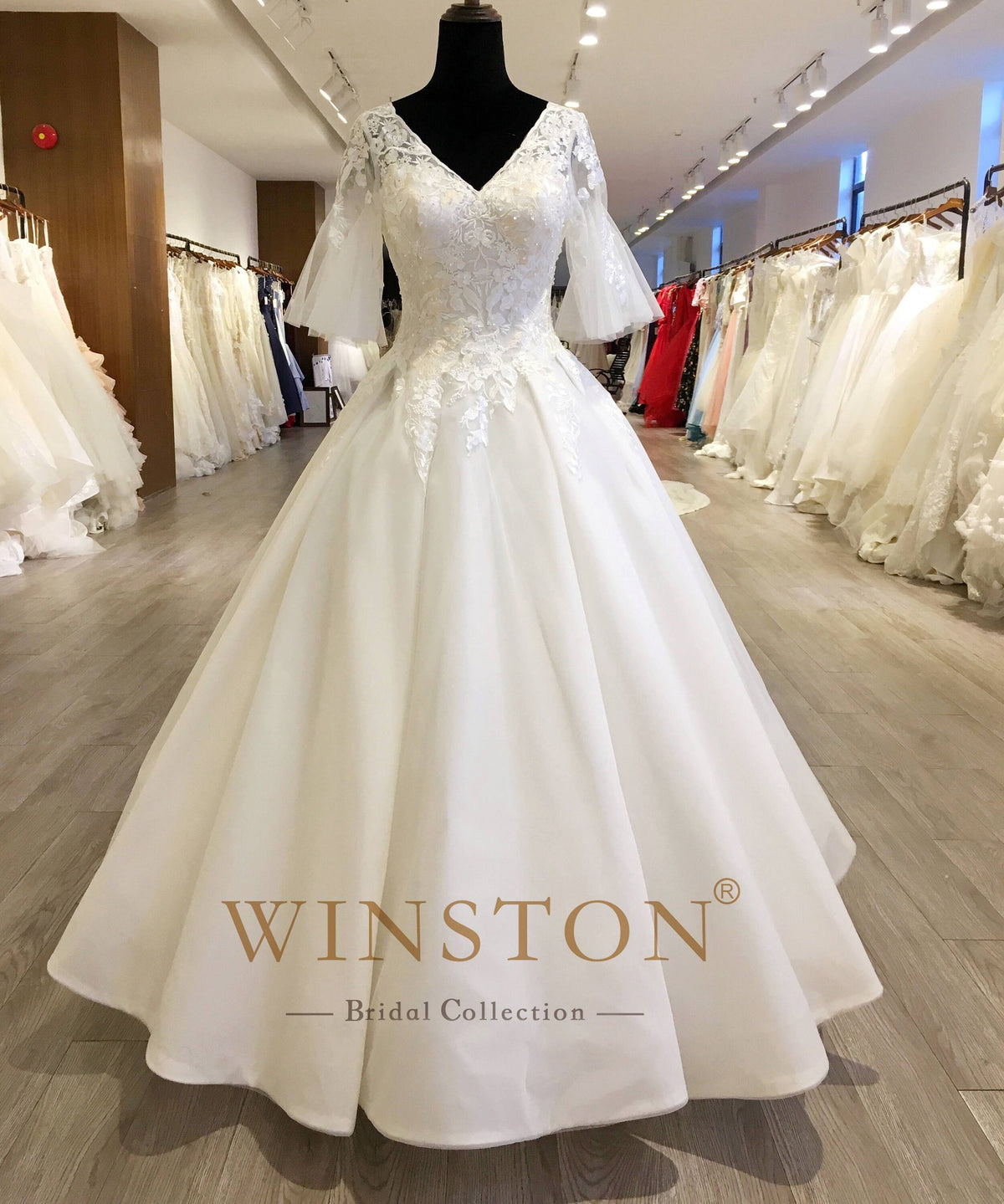 Floor length Ball Gown Wedding dress bridal Trumpet Sleeves Plus Size Beaded