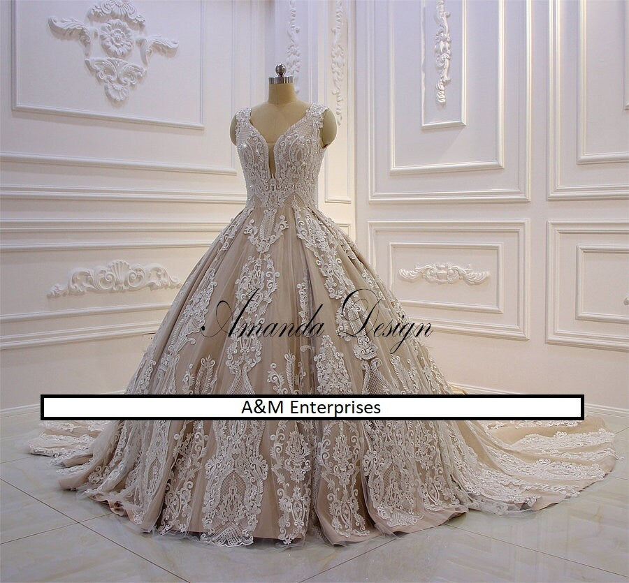 Beautiful Luxury Ball Gown Sleeveless Lace Appliqued Champagne Luxury Wedding Dress Bridal
