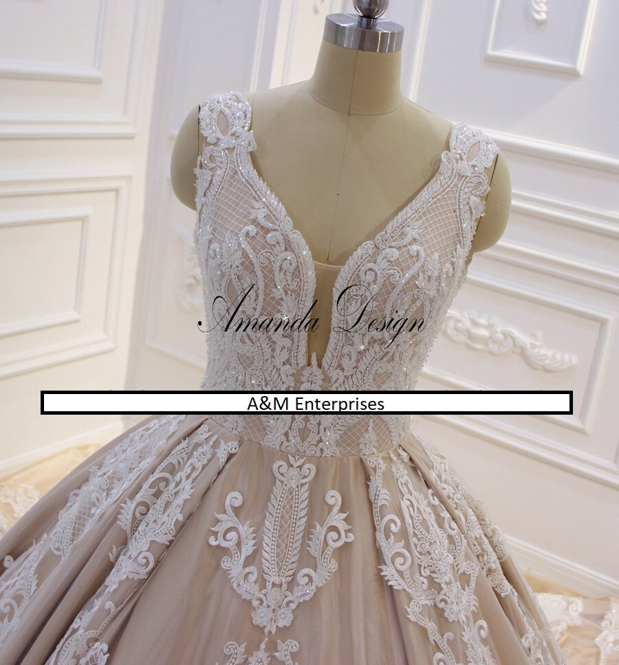 Beautiful Luxury Ball Gown Sleeveless Lace Appliqued Champagne Luxury Wedding Dress Bridal