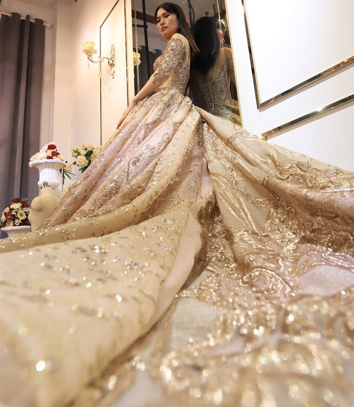Custom Made Golden wedding dress Princess Fairy Tale Bridal Ball Gown Long Royal Train Illusion Neckline