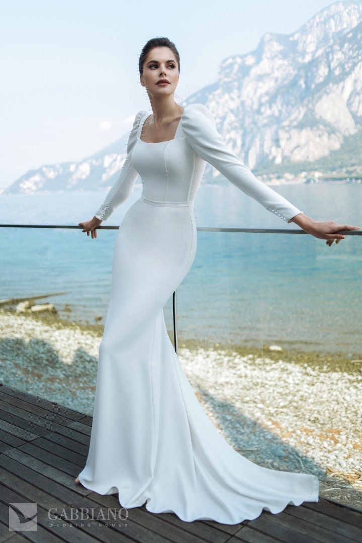 Simple Classic Minimalist Mermaid Trumpet Long Sleeve High Back Wedding Dress Bridal Gown Puffy Shoulder