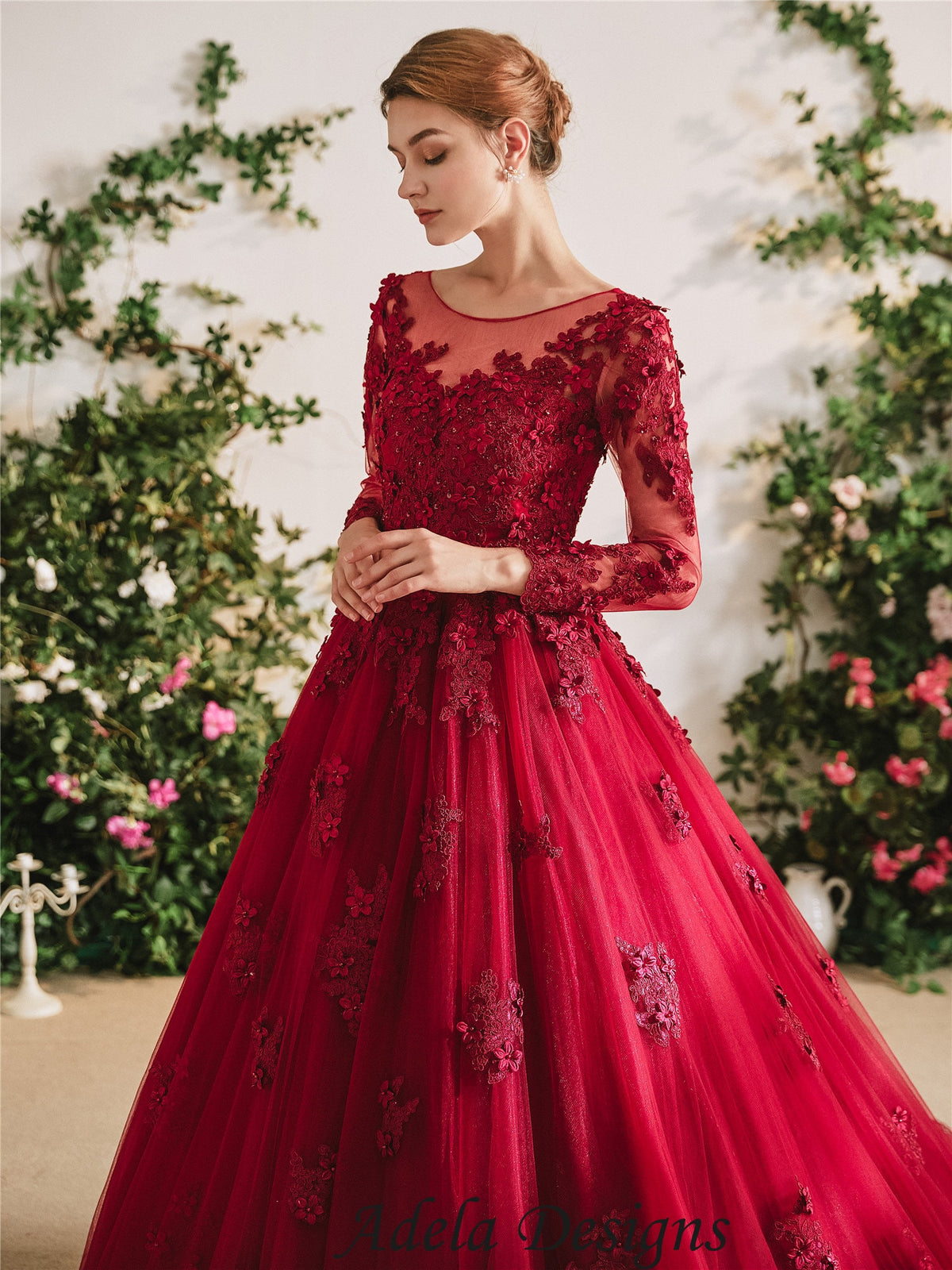Unconventional Dark Red Bridal Ball Gown Colorful Wedding Dress Full Classic Long Sleeve 3d Flowers Illusion Neckline Full Aline Ball Gown