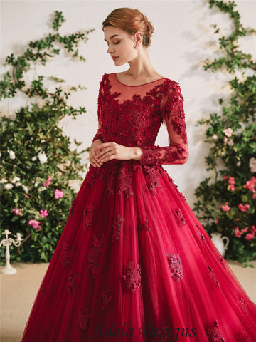 Red Beads Tulle Ball Wedding Dress Long Sleeve Lace-up Fully Covered Bridal  Gown | eBay