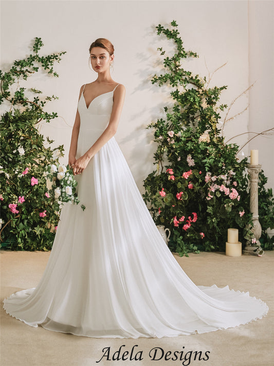 Simple Minimalist Full A-Line Halter Spaghetti Strap Sleeveless Chiffon Boho Beach Bridal Gown Wedding Dress Open Back