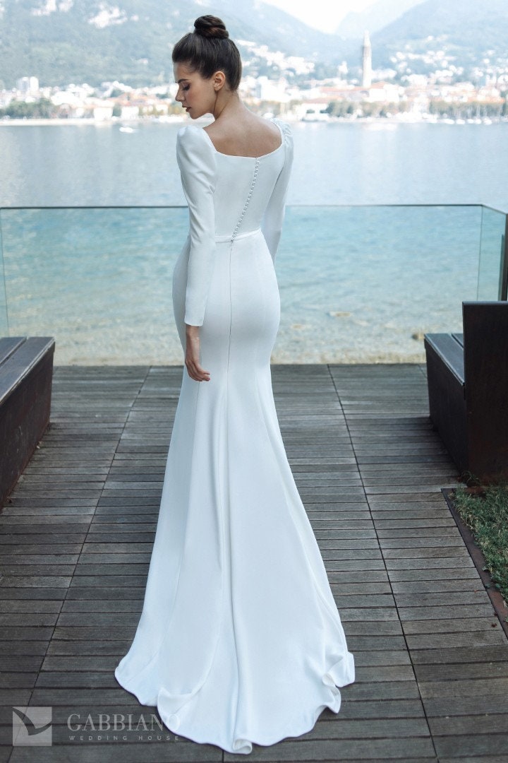 Simple Classic Minimalist Mermaid Trumpet Long Sleeve High Back Wedding Dress Bridal Gown Puffy Shoulder