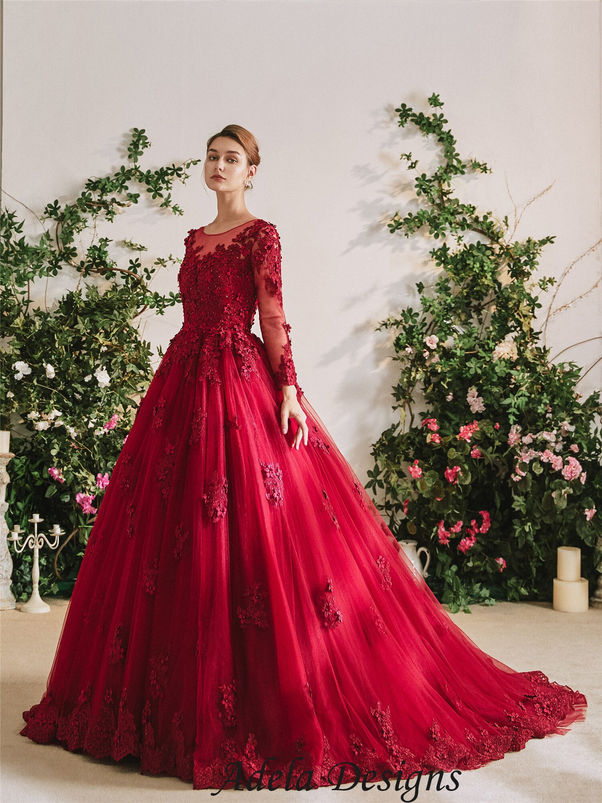 Unconventional Dark Red Bridal Ball Gown Colorful Wedding Dress Full Classic Long Sleeve 3d Flowers Illusion Neckline Full Aline Ball Gown