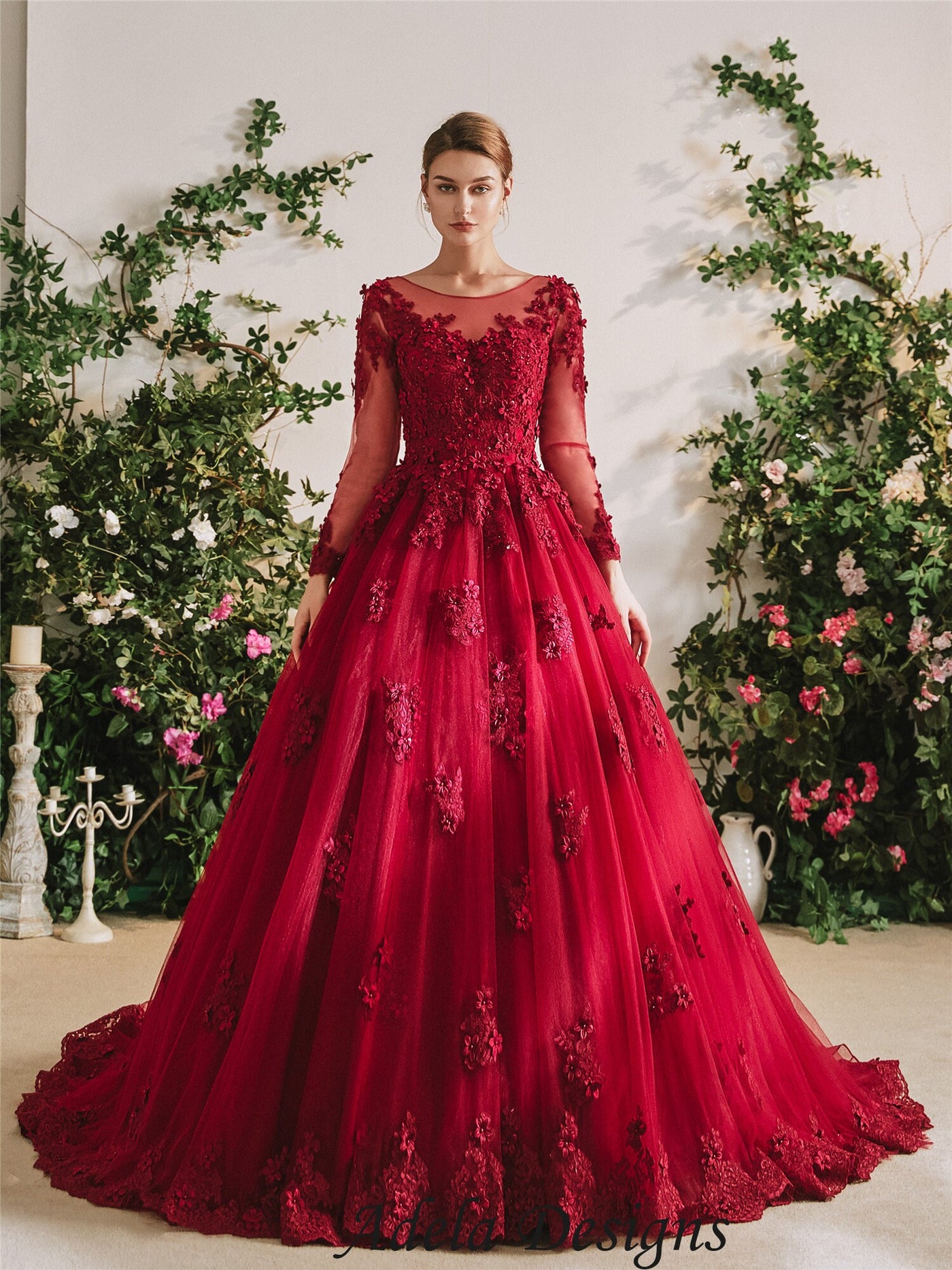 Unconventional Dark Red Bridal Ball Gown Colorful Wedding Dress Full  Classic Long Sleeve 3d Flowers Illusion Neckline Full Aline Ball Gown - Etsy