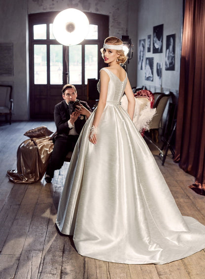 silk shantung wedding dress Deep V Simple Shantung Wedding Dress