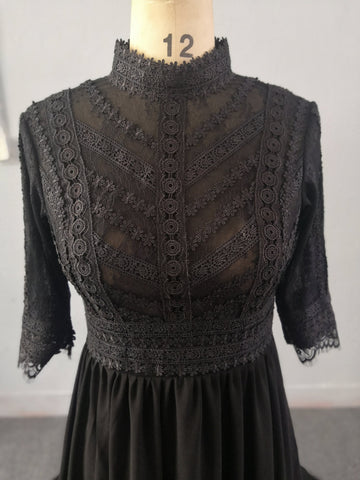 Black Vintage Style Long Sleeves A-Line Chiffon Boho Wedding Dress Lace Bridal Gown High Neck