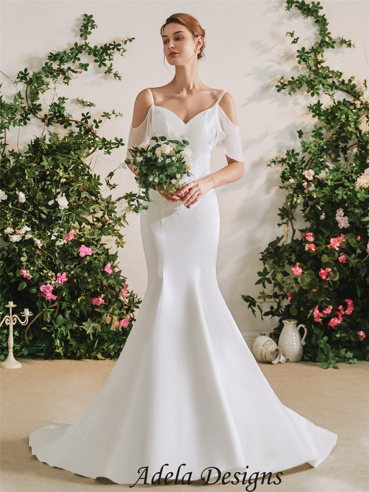 Mermaid Satin Wedding Dress Bridal Gown With Off The Shoulder Neckline Sleeveless with Straps