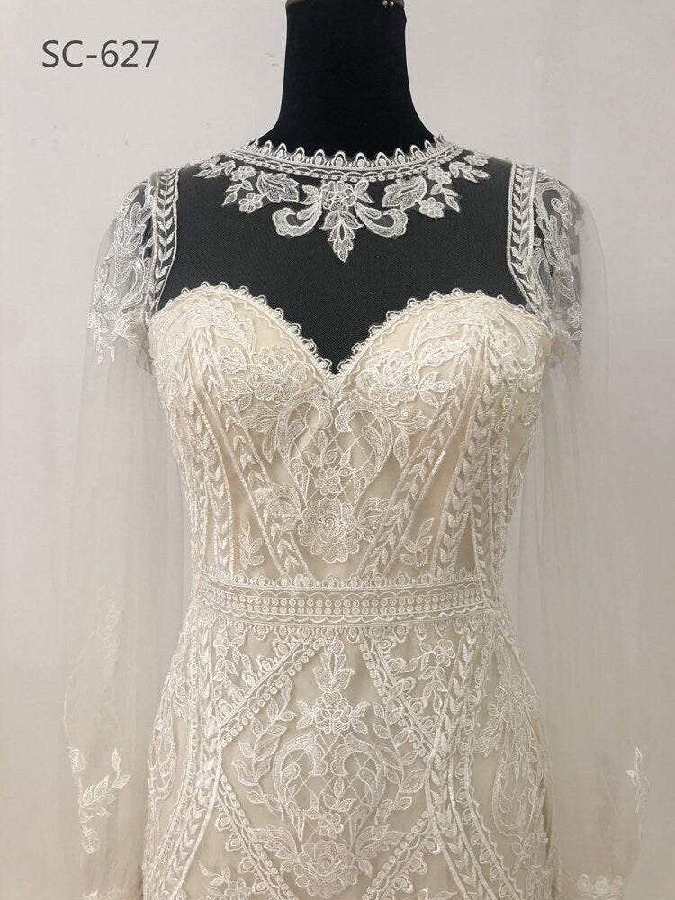 Vintage Victorian Style Lace Column Mermaid Wedding Dress Bridal Gown Detachable Long Sleeves Sparkle High Lace Neckline