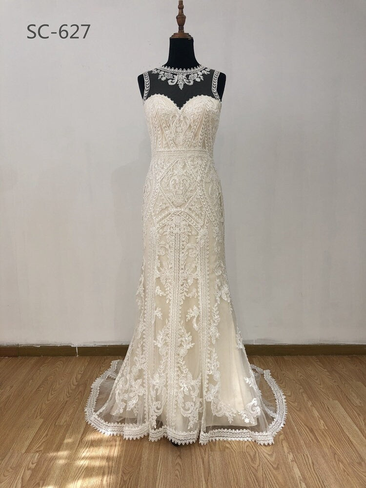 Vintage Victorian Style Lace Column Mermaid Wedding Dress Bridal Gown Detachable Sleeves Sparkle