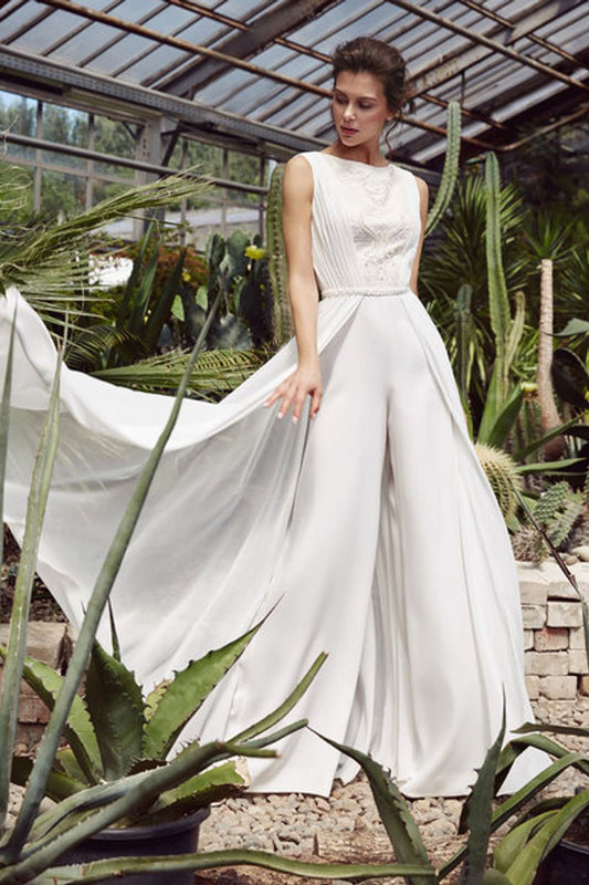 jumpsuit wedding dress Crew Neck Long Sleeves Jumpsuit Wedding Dress