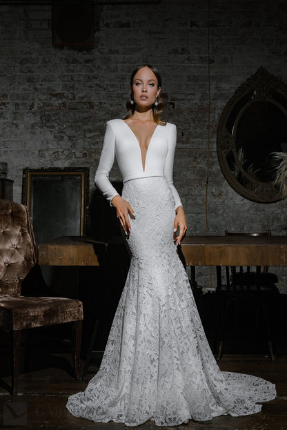 Long Sleeve Crepe Fitted Sexy Deep V Neckline Mermaid Fit and Flare Wedding Dress Bridal Gown Lace Skirt with Train and Illusion Open Back